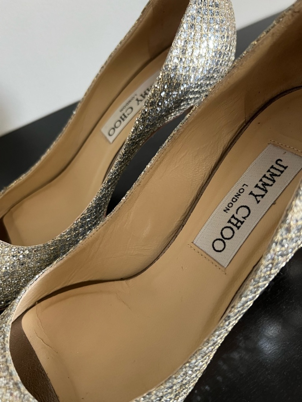 Jimmy Choo Isabel Champagne Glitter Open-Toe 2.5” Pumps Size 5 / 35 - Picture 9 of 16